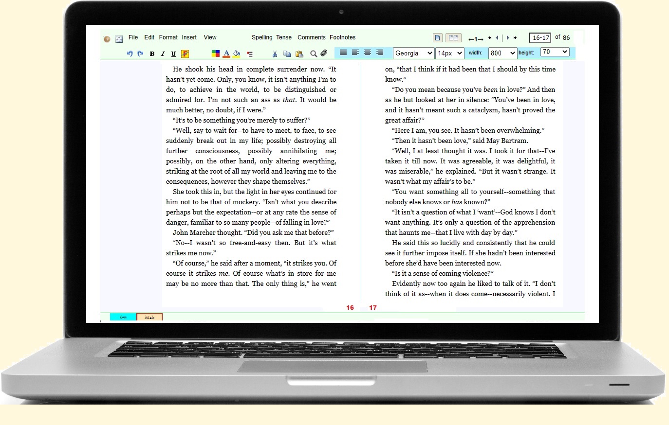 Writoro paginated editing interface shown on a laptop